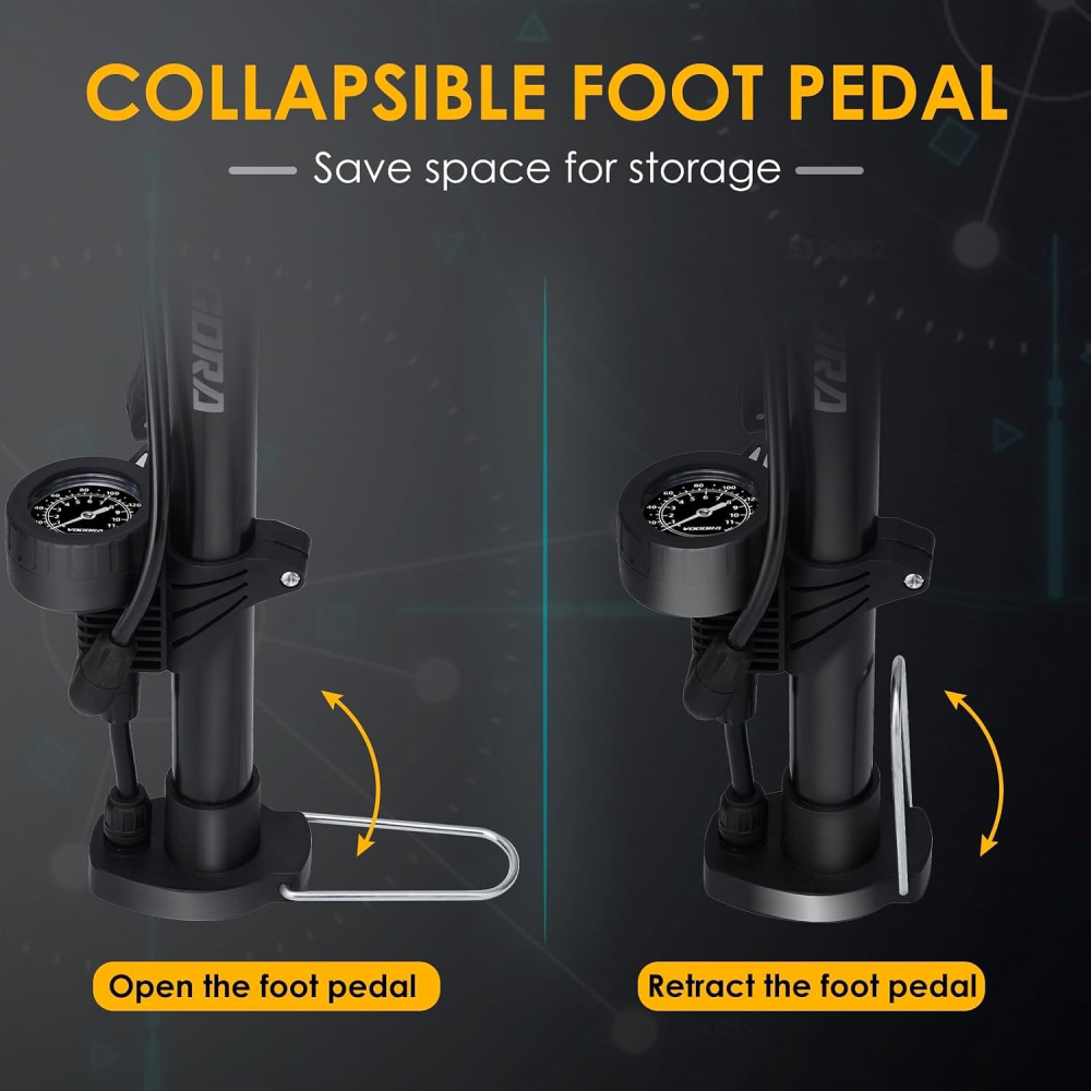Pompă de picior portabilă VOGORA pentru bicicletă, cu manometru precis, 160 PSI, supapă dublă Presta & Schrader, bază rabatabilă, Negru [6]