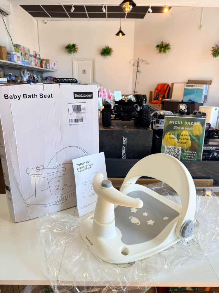 Scaun de baie antiderapant pentru bebeluși Bebamour, spătar ergonomic reglabil, funcție pulverizare apă, 4 ventuze, 6-18 luni, Gri [2]