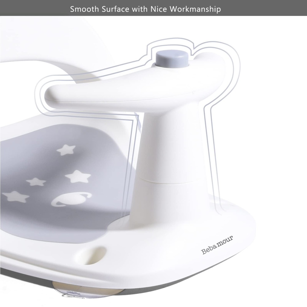 Scaun de baie antiderapant pentru bebeluși Bebamour, spătar ergonomic reglabil, funcție pulverizare apă, 4 ventuze, 6-18 luni, Gri [7]