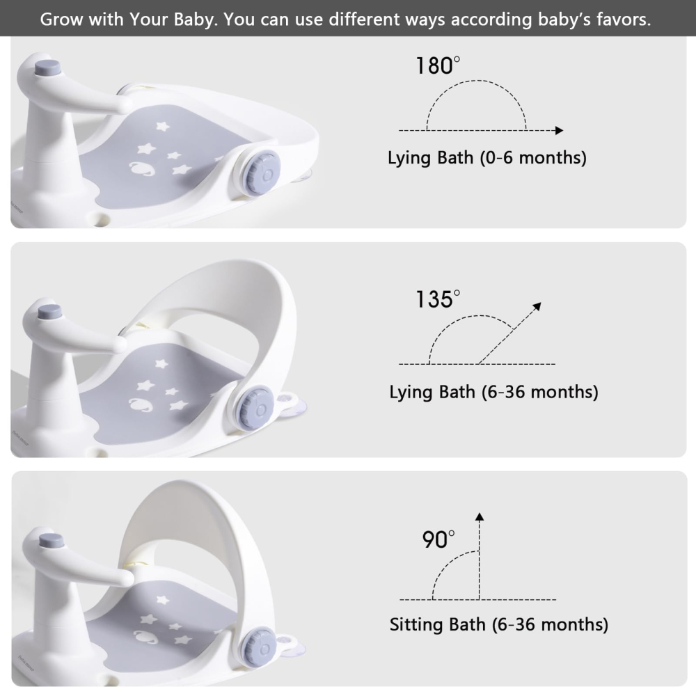 Scaun de baie antiderapant pentru bebeluși Bebamour, spătar ergonomic reglabil, funcție pulverizare apă, 4 ventuze, 6-18 luni, Gri [4]