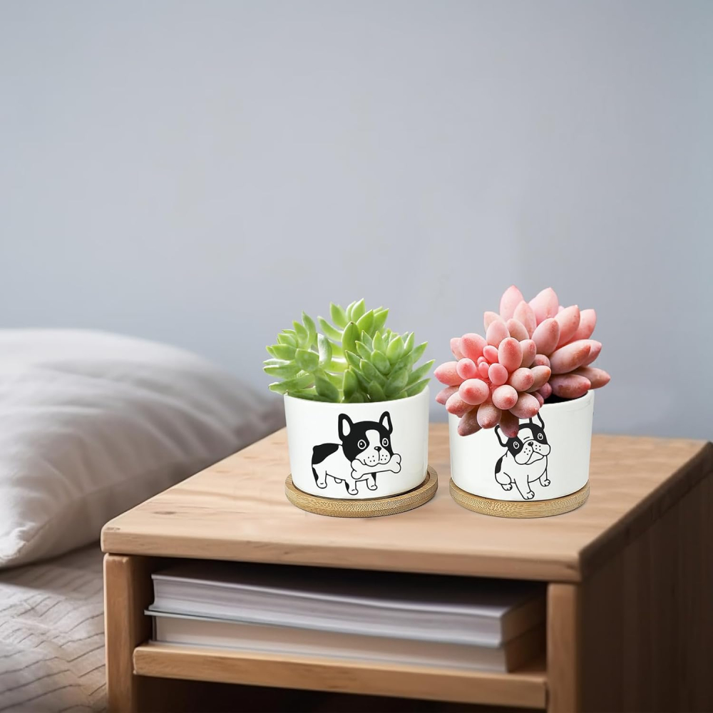 Set 4 ghivece decorative ceramice cu suport din bambus, model câine [8]