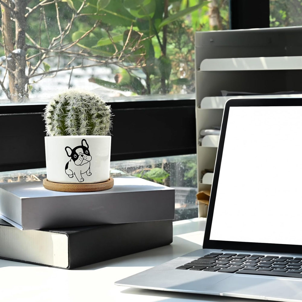 Set 4 ghivece decorative ceramice cu suport din bambus, model câine [7]