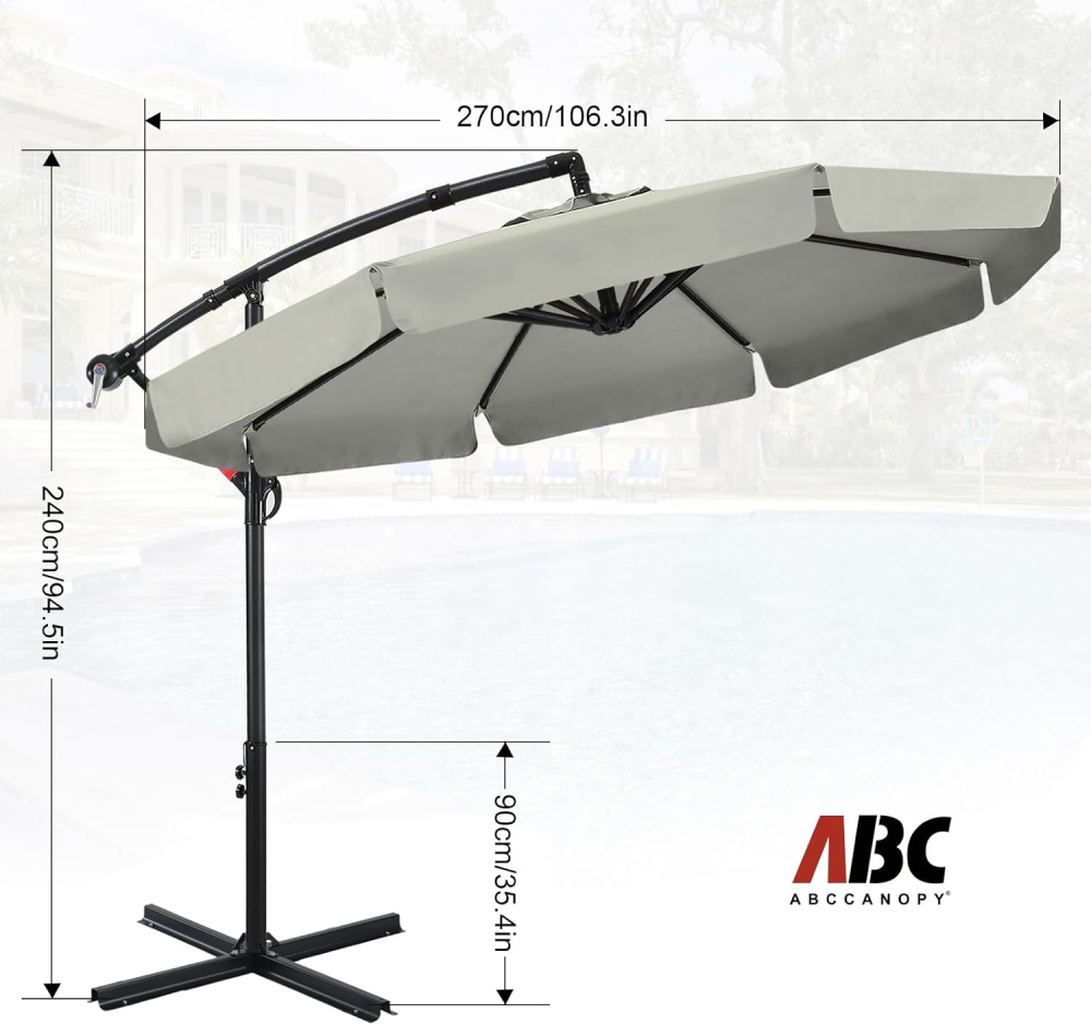 Umbrelă de soare suspendată ABCCANOPY de grădină cu consolă, 270 cm, cu manivelă și bază transversală, Gri/Bej [3]