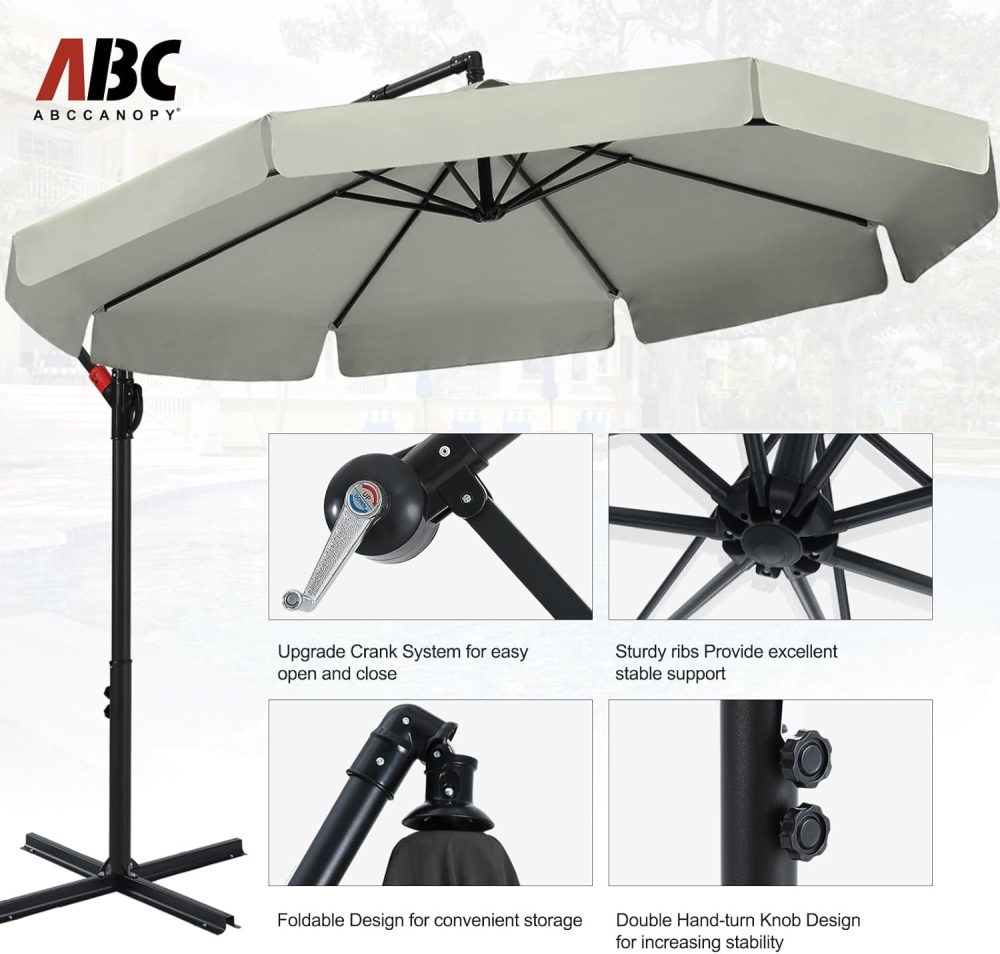 Umbrelă de soare suspendată ABCCANOPY de grădină cu consolă, 270 cm, cu manivelă și bază transversală, Gri/Bej [4]
