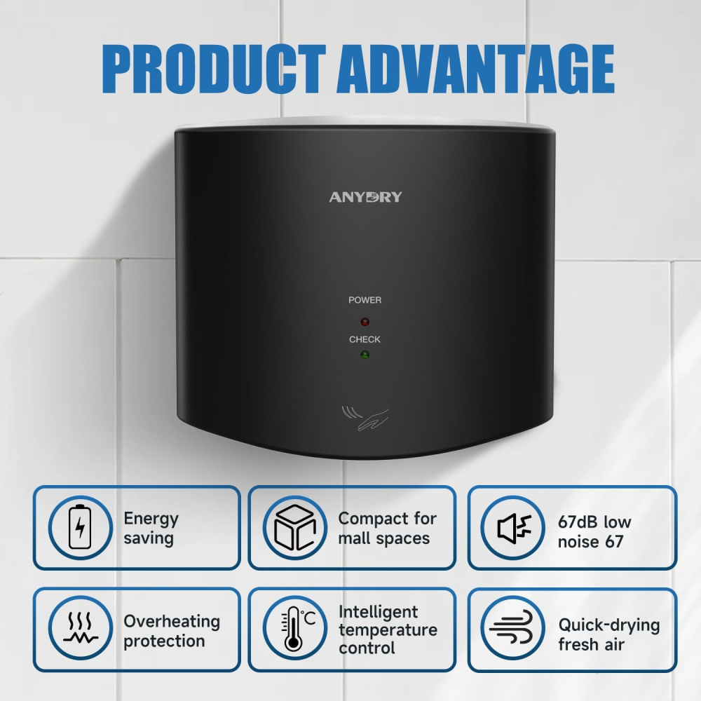 Uscător de mâini automat anydry 2630S, compact, 1650W, senzor inteligent, Negru [3]