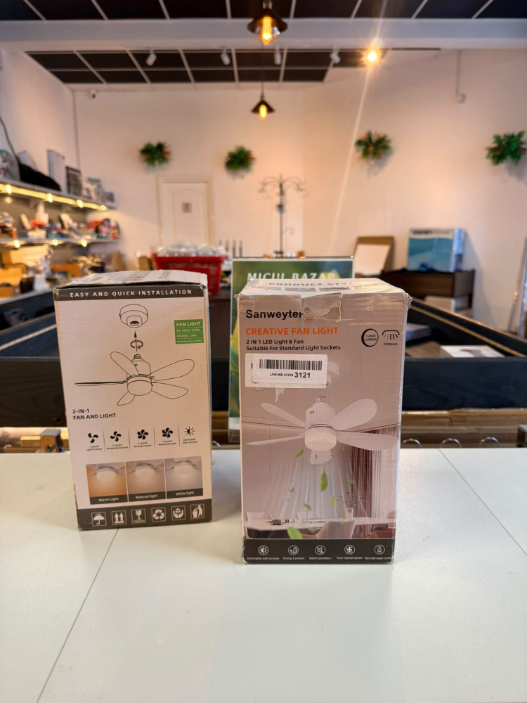 Ventilator de tavan 2-în-1 cu lampă LED Sanweyter, soclu E27, 24W, 2800 lumeni, 5 palete, telecomandă și aplicație, 52.5 cm, Alb [2]