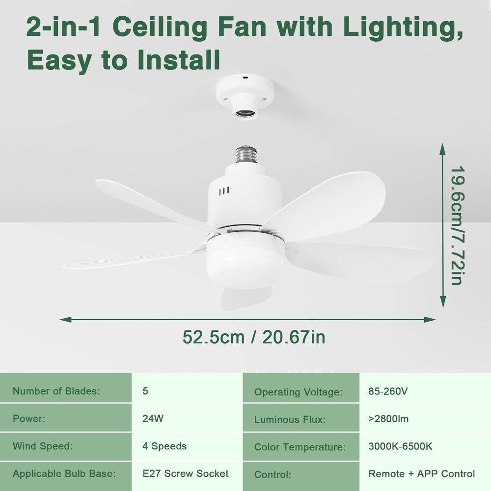 Ventilator de tavan 2-în-1 cu lampă LED Sanweyter, soclu E27, 24W, 2800 lumeni, 5 palete, telecomandă și aplicație, 52.5 cm, Alb [4]