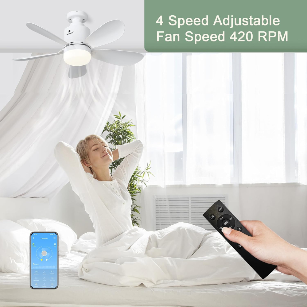 Ventilator de tavan 2-în-1 cu lampă LED Sanweyter, soclu E27, 24W, 2800 lumeni, 5 palete, telecomandă și aplicație, 52.5 cm, Alb [7]
