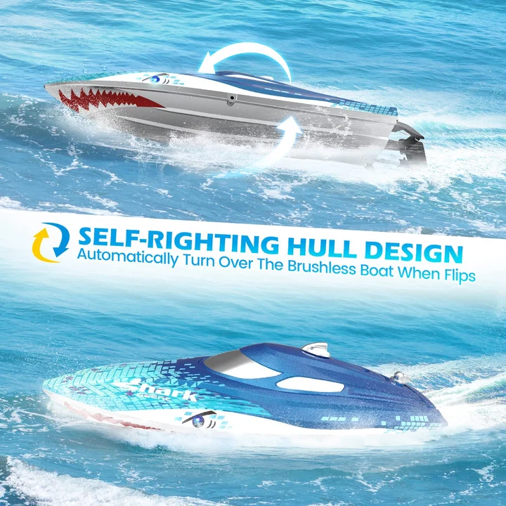 Barcă cu telecomandă DEERC HJ812 Shark Graffiti, viteză mare 32 km/h, auto-redresare, lumini LED, 2.4 GHz, rază 100m [3]