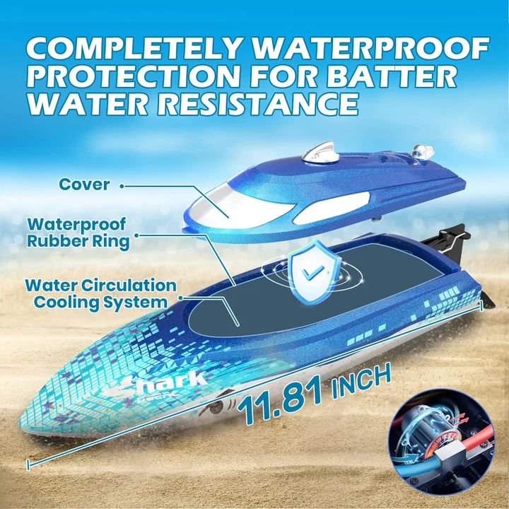Barcă cu telecomandă DEERC HJ812 Shark Graffiti, viteză mare 32 km/h, auto-redresare, lumini LED, 2.4 GHz, rază 100m [8]