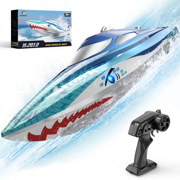 Piese și Accesorii RC - Barcă cu telecomandă DEERC HJ812 Shark Graffiti, viteză mare 32 km/h, auto-redresare, lumini LED, 2.4 GHz, rază 100m