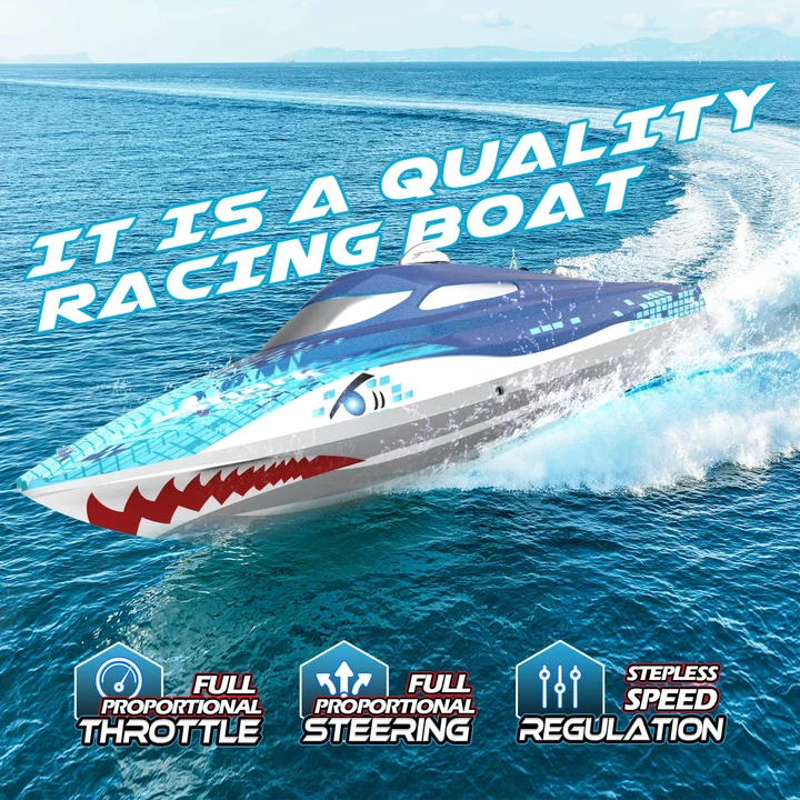 Barcă cu telecomandă DEERC HJ812 Shark Graffiti, viteză mare 32 km/h, auto-redresare, lumini LED, 2.4 GHz, rază 100m [5]