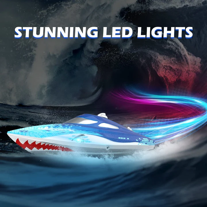 Barcă cu telecomandă DEERC HJ812 Shark Graffiti, viteză mare 32 km/h, auto-redresare, lumini LED, 2.4 GHz, rază 100m [7]