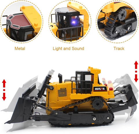 Buldozer cu telecomandă HUINA, 11 canale, scară 1/16, lumini și sunete realiste [3]