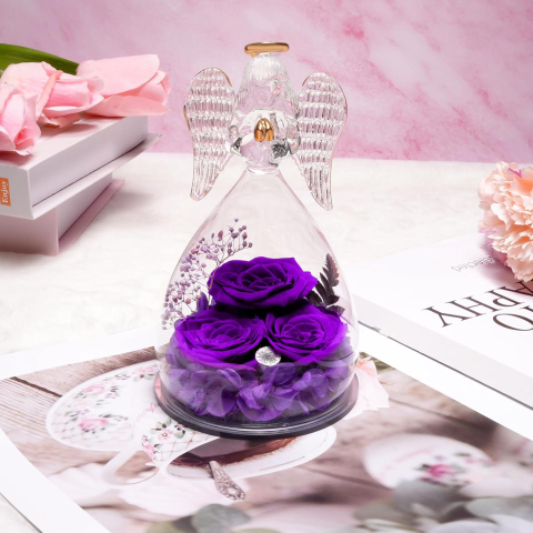 Figurină Înger din sticlă cu trandafiri eterni mov, cadou elegant pentru femei [4]