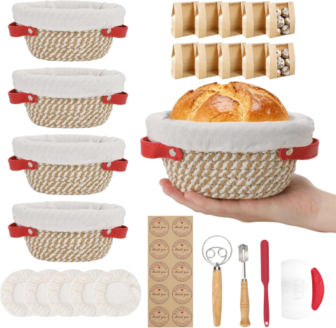 Ustensile de gătit - Kit complet pentru dospit și copt pâine artizanală, cu 5 coșuri Banneton din bumbac 16.5 cm, pungi de ambalare și accesorii incluse