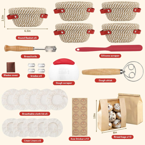 Kit complet pentru dospit și copt pâine artizanală, cu 5 coșuri Banneton din bumbac 16.5 cm, pungi de ambalare și accesorii incluse [2]
