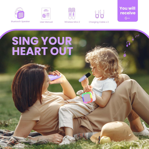 Mini Boxă Karaoke Portabilă Ankuka, Bluetooth 5.0, 2 Microfoane Wireless, Lumini LED, 5 Efecte Vocale [6]