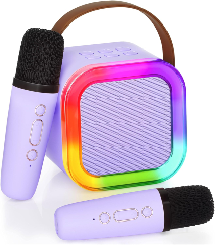 Jucării interactive - Mini Boxă Karaoke Portabilă Ankuka, Bluetooth 5.0, 2 Microfoane Wireless, Lumini LED, 5 Efecte Vocale