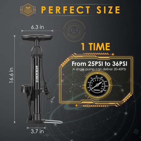 Pompă de picior portabilă VOGORA pentru bicicletă, cu manometru precis, 160 PSI, supapă dublă Presta & Schrader, bază rabatabilă, Negru [2]