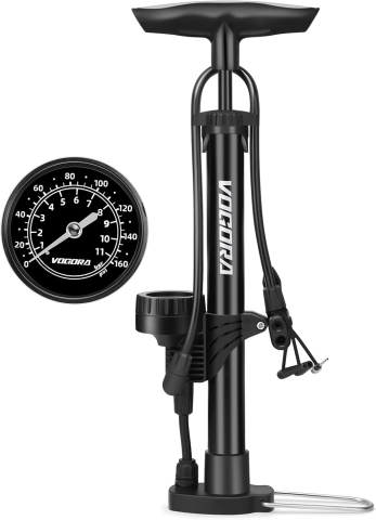 Accesorii auto&biciclete - Pompă de picior portabilă VOGORA pentru bicicletă, cu manometru precis, 160 PSI, supapă dublă Presta & Schrader, bază rabatabilă, Negru