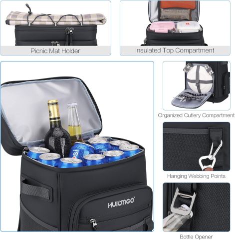 Rucsac frigorific termic Hulongo 30L, impermeabil, izolat, etanș, cu desfăcător de sticle, Negru [4]