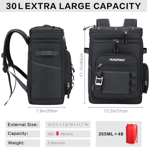 Rucsac frigorific termic Hulongo 30L, impermeabil, izolat, etanș, cu desfăcător de sticle, Negru [2]