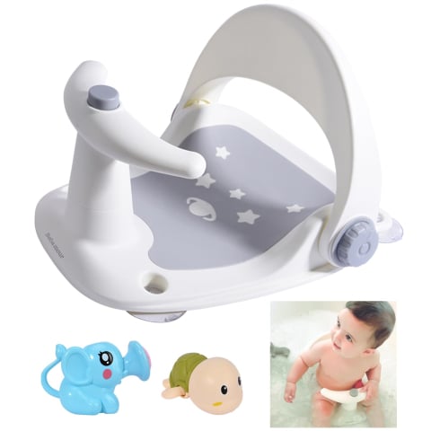Igiena si ingrijire bebe - Scaun de baie antiderapant pentru bebeluși Bebamour, spătar ergonomic reglabil, funcție pulverizare apă, 4 ventuze, 6-18 luni, Gri