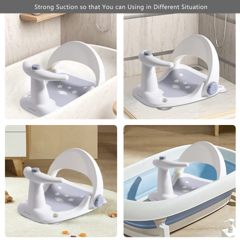 Scaun de baie antiderapant pentru bebeluși Bebamour, spătar ergonomic reglabil, funcție pulverizare apă, 4 ventuze, 6-18 luni, Gri [2]