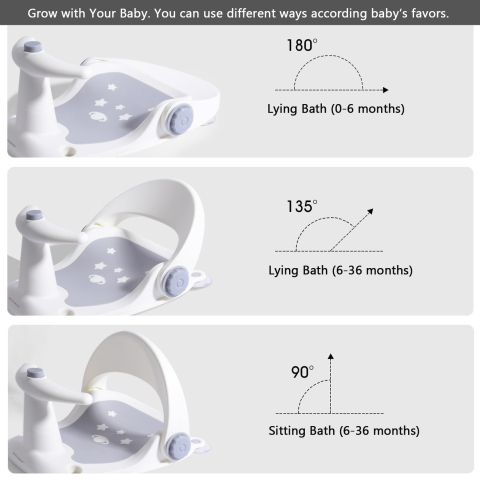 Scaun de baie antiderapant pentru bebeluși Bebamour, spătar ergonomic reglabil, funcție pulverizare apă, 4 ventuze, 6-18 luni, Gri [3]