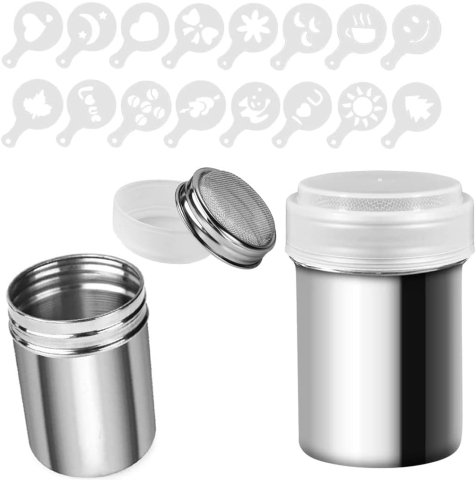 Accesorii bucătărie - Set 2 Dozatoare pudră din oțel inoxidabil, sită fină, capac anti-praf și 16 șabloane cafea