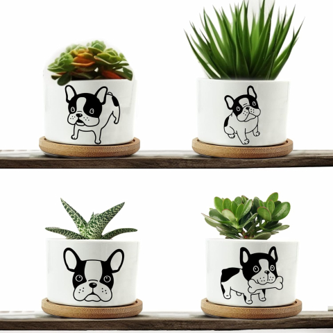 Set 4 ghivece decorative ceramice cu suport din bambus, model câine [3]