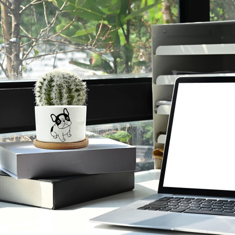 Set 4 ghivece decorative ceramice cu suport din bambus, model câine [6]