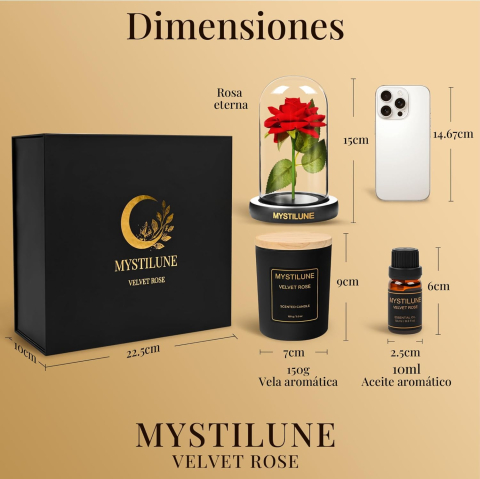 Set cadou MystiLune – Trandafir etern în cupolă de sticlă, lumânare parfumată și ulei esențial de trandafir [4]