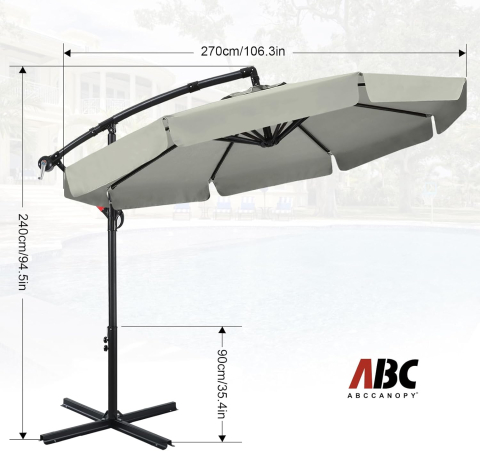 Umbrelă de soare suspendată ABCCANOPY de grădină cu consolă, 270 cm, cu manivelă și bază transversală, Gri/Bej [2]