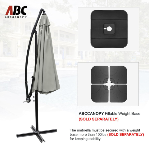Umbrelă de soare suspendată ABCCANOPY de grădină cu consolă, 270 cm, cu manivelă și bază transversală, Gri/Bej [5]