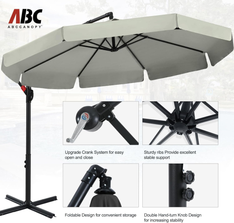 Umbrelă de soare suspendată ABCCANOPY de grădină cu consolă, 270 cm, cu manivelă și bază transversală, Gri/Bej [3]