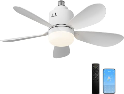 Ventilatoare de tavan cu lumină - Ventilator de tavan 2-în-1 cu lampă LED Sanweyter, soclu E27, 24W, 2800 lumeni, 5 palete, telecomandă și aplicație, 52.5 cm, Alb