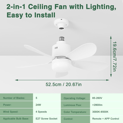 Ventilator de tavan 2-în-1 cu lampă LED Sanweyter, soclu E27, 24W, 2800 lumeni, 5 palete, telecomandă și aplicație, 52.5 cm, Alb [3]