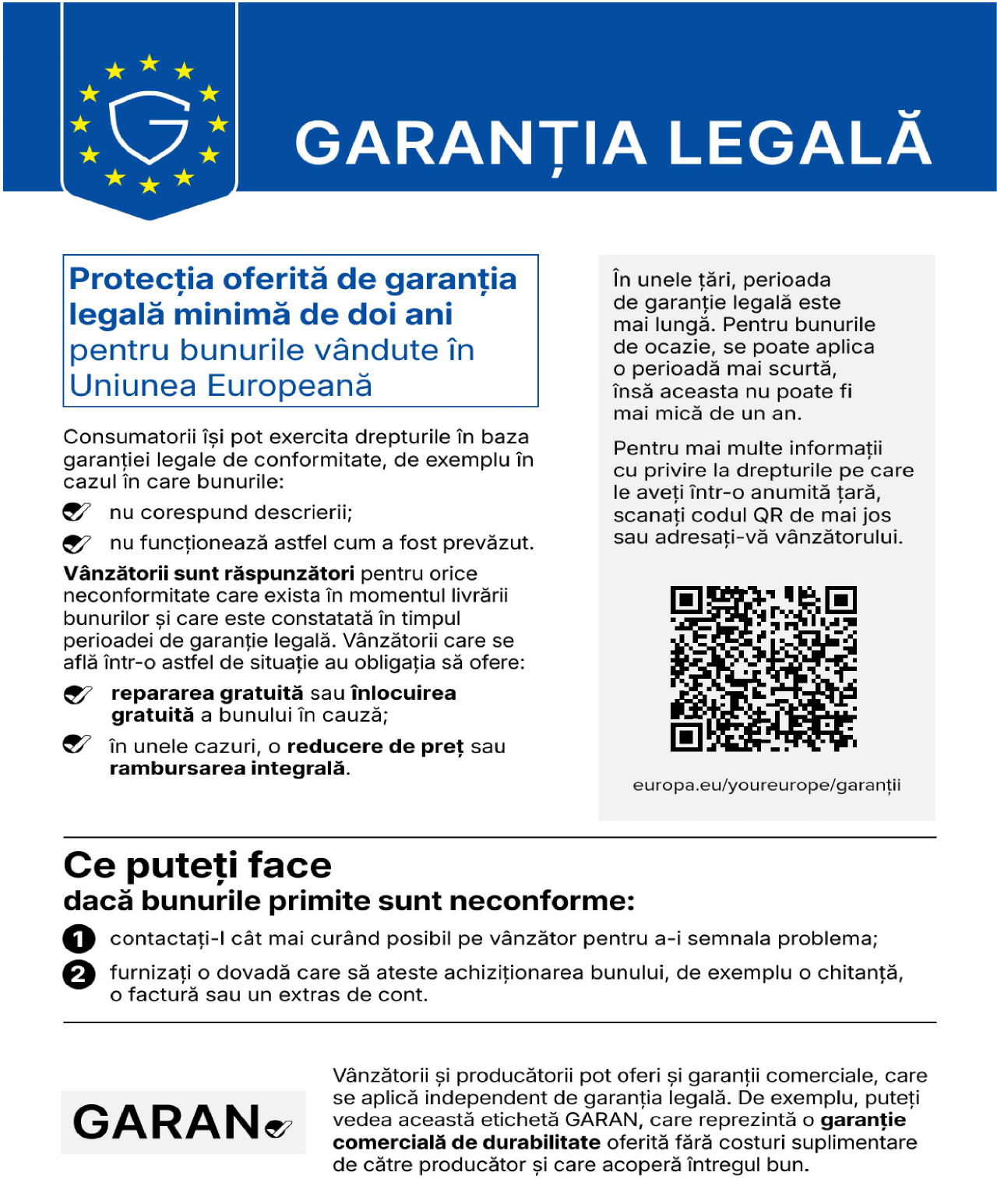 Notificare oficială UE privind garanția legală de conformitate