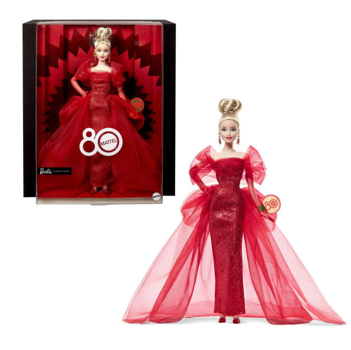 BARBIE SIGNATURE ANIVERSARE 80 DE ANI PAPUSA BARBIE BLONDA CU ROCHIE DE BAL ROSIE [9]