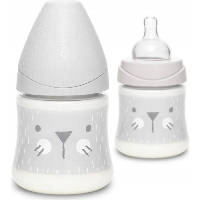 Biberon 150 ml cu tetină rotundă din silicon, debit lent, pisică gri Hygge Suavinex [3]