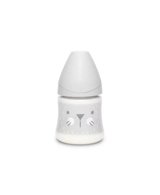 Biberon 150 ml cu tetină rotundă din silicon, debit lent, pisică gri Hygge Suavinex [2]