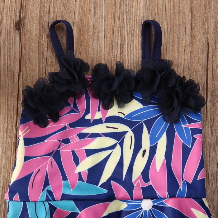 Costum de baie mov cu frunze si floricele aplicate Drool [2]