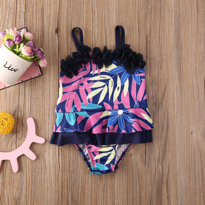 Costum de baie mov cu frunze si floricele aplicate Drool [5]