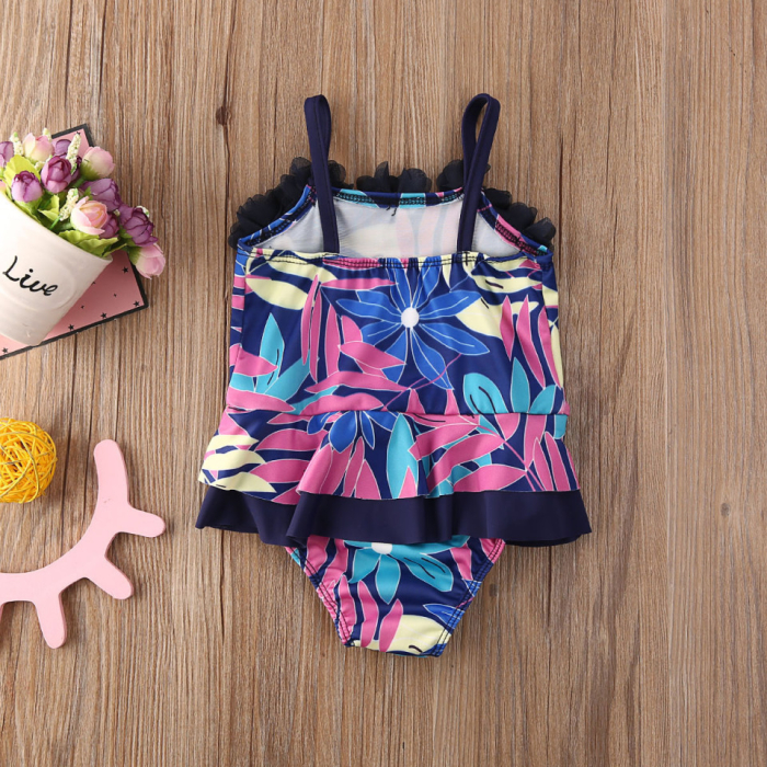 Costum de baie mov cu frunze si floricele aplicate Drool [3]