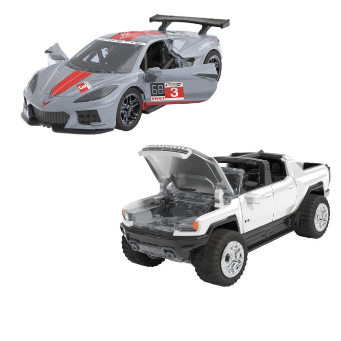 HOT WHEELS SET 2 MASINUTE METALICE PULL BACK GMC HUMMER EV SI CORVETTE C8R 1:43 [4]