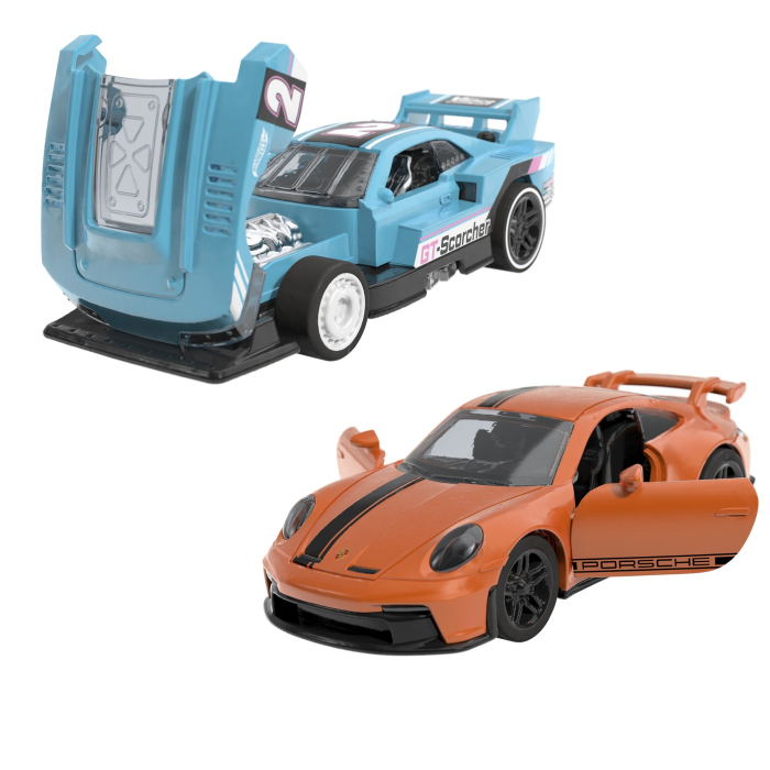 HOT WHEELS SET 2 MASINUTE METALICE PULL BACK GT-SCORCHER SI PORSCHE 911 GT3 1:43 [3]