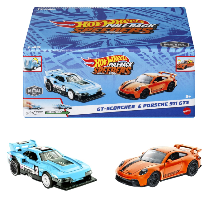 HOT WHEELS SET 2 MASINUTE METALICE PULL BACK GT-SCORCHER SI PORSCHE 911 GT3 1:43 [5]