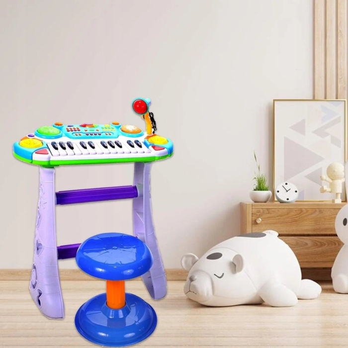 INSTRUMENT MUZICAL PIANINA ELECTRONICA MALPLAY CU SCAUN SI MICROFON 45 CM INALTIME ALBASTRU [10]